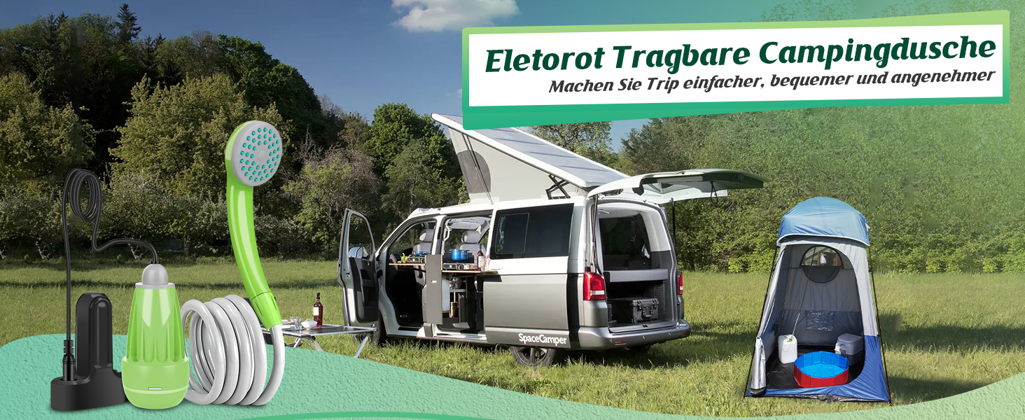 Портативний душ Eletorot з насосом для кемпінгу, душового намету, саду та авто, USB-зарядка, акумулятор, шланг 1,8 м
