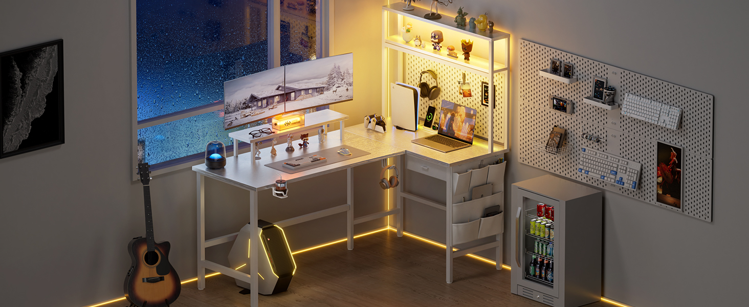 Ігровий стіл кутовий 150x100 см з 3 розетками та 2 USB, зворотний, з LED підсвічуванням, з ящиками та підставкою для монітора. Білий кутовий ігровий комп'ютерний стіл 170x100 см.