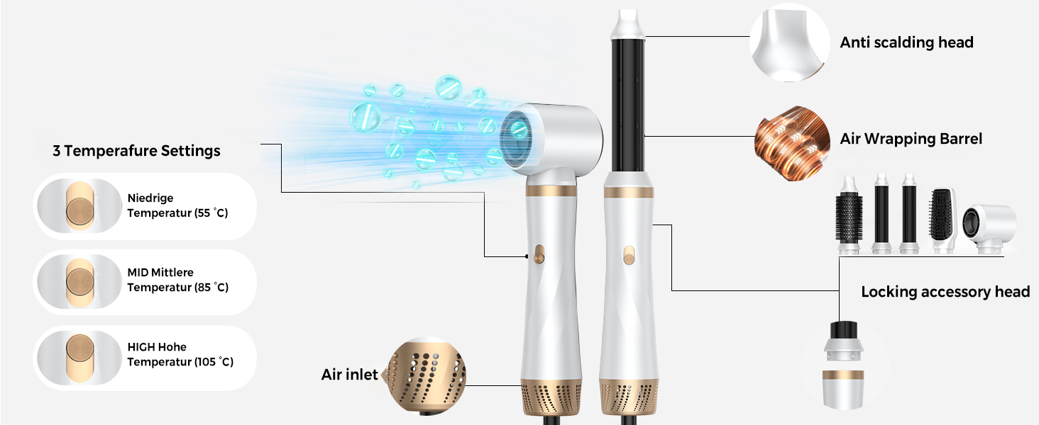 Airstyler 5 в 1: Фен-щітка, плойка, термощітка, для об'єму, випрямлення та локонів. 1000W, 3 температурні режими. Рожевий/Білий