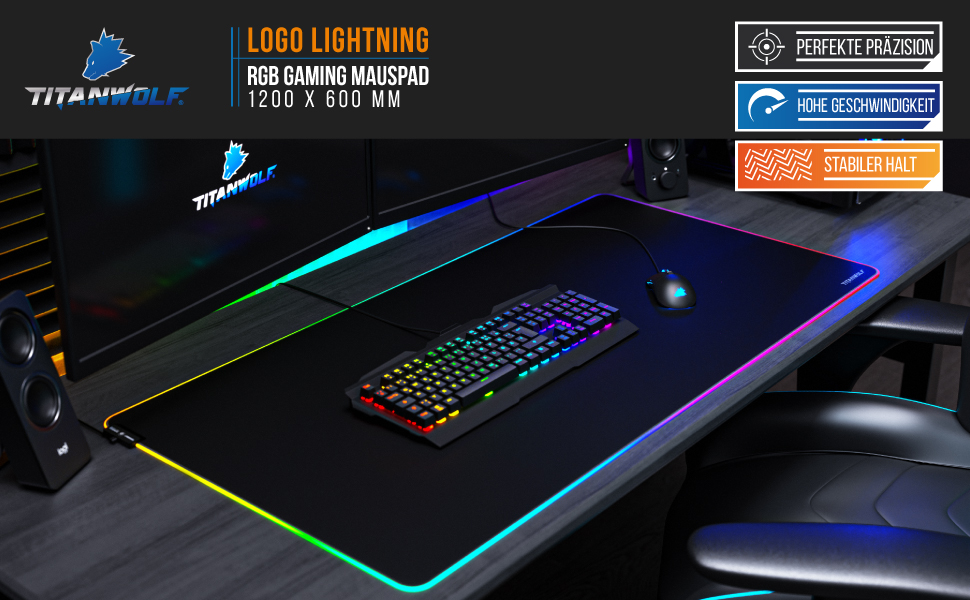 Ігровий килимок для миші TITANWOLF RGB XXL (800x300 мм) з LED-підсвіткою, 11 режимів освітлення, вологостійкий, чорний