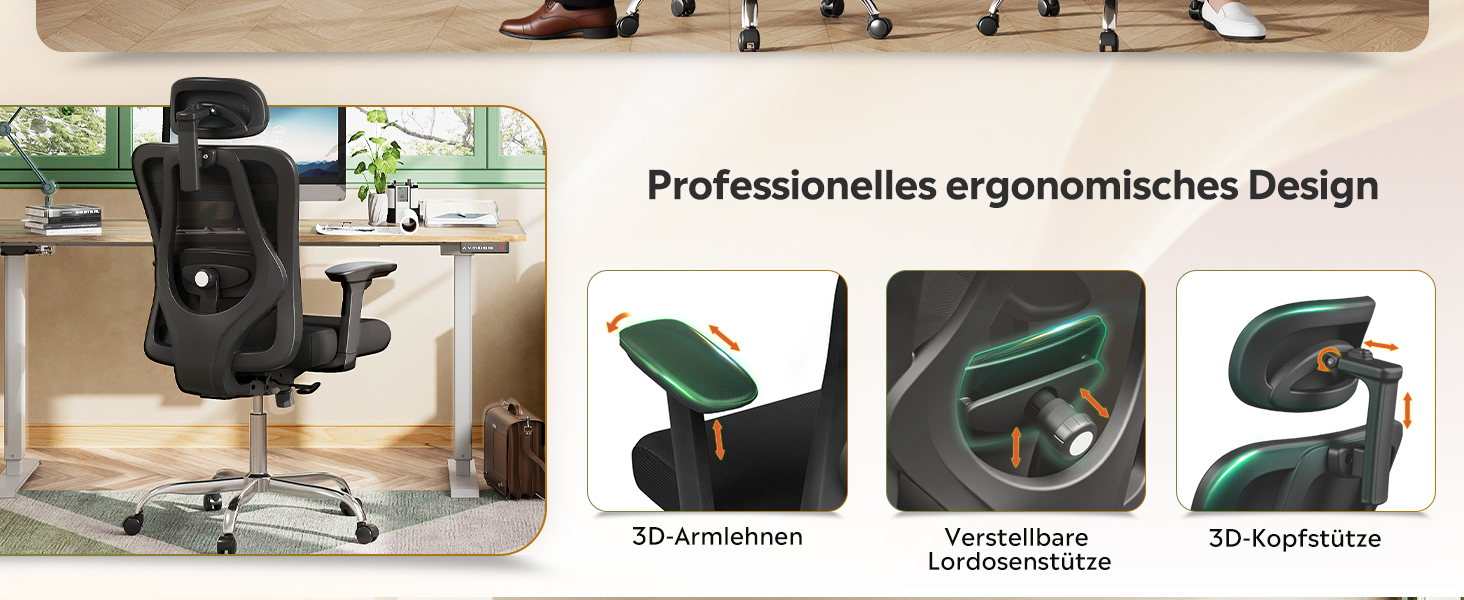 Офісне крісло Devaise: ергономічне крісло з регульованою підголівником та поперековою підтримкою, 3D-підлокітники, 3-рівневий нахил, дихаюча сітчаста тканина для дому та офісу (Чорний)