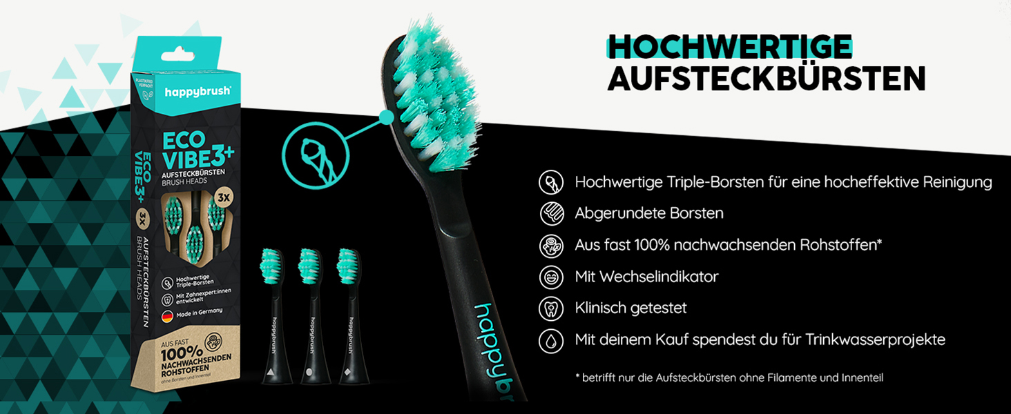 Електрична звукова зубна щітка happybrush® Eco Vibe 3 - Чорний колір - Набір з 4 насадок - Тестовий лідер - 100 днів тестування