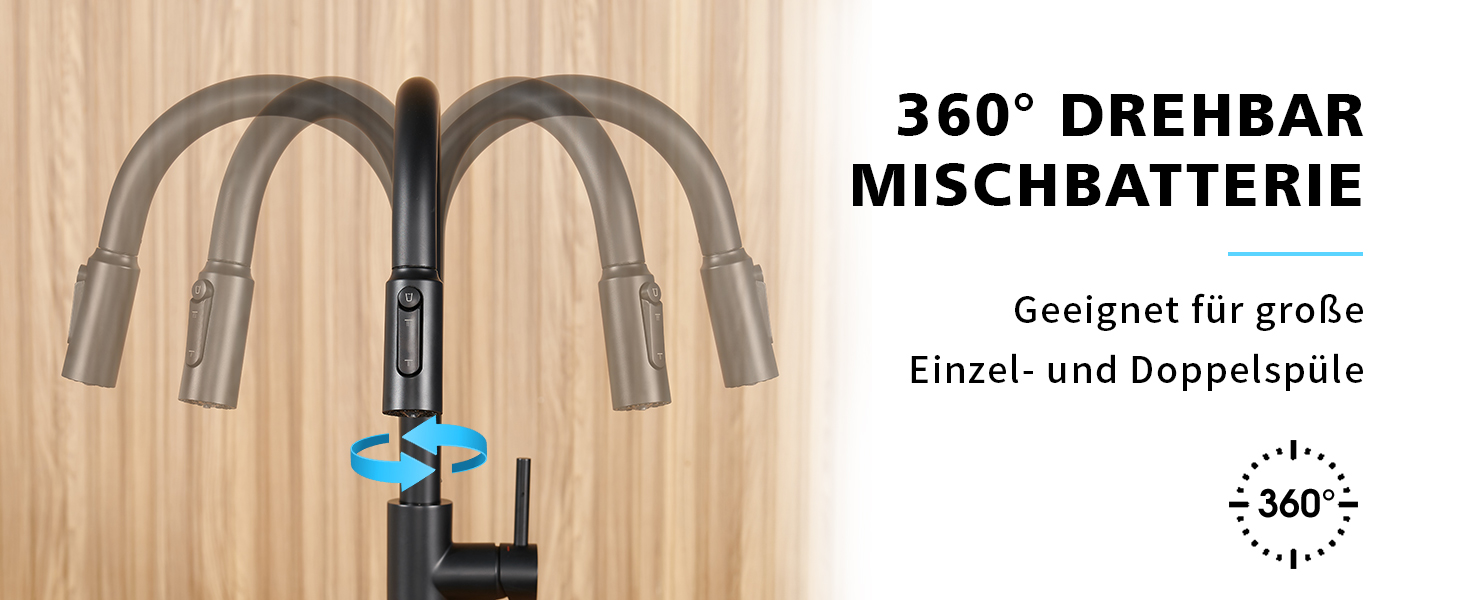 Кухонний змішувач CREA з висувною лійкою, 360° обертання, 3-х режимний, матовий чорний