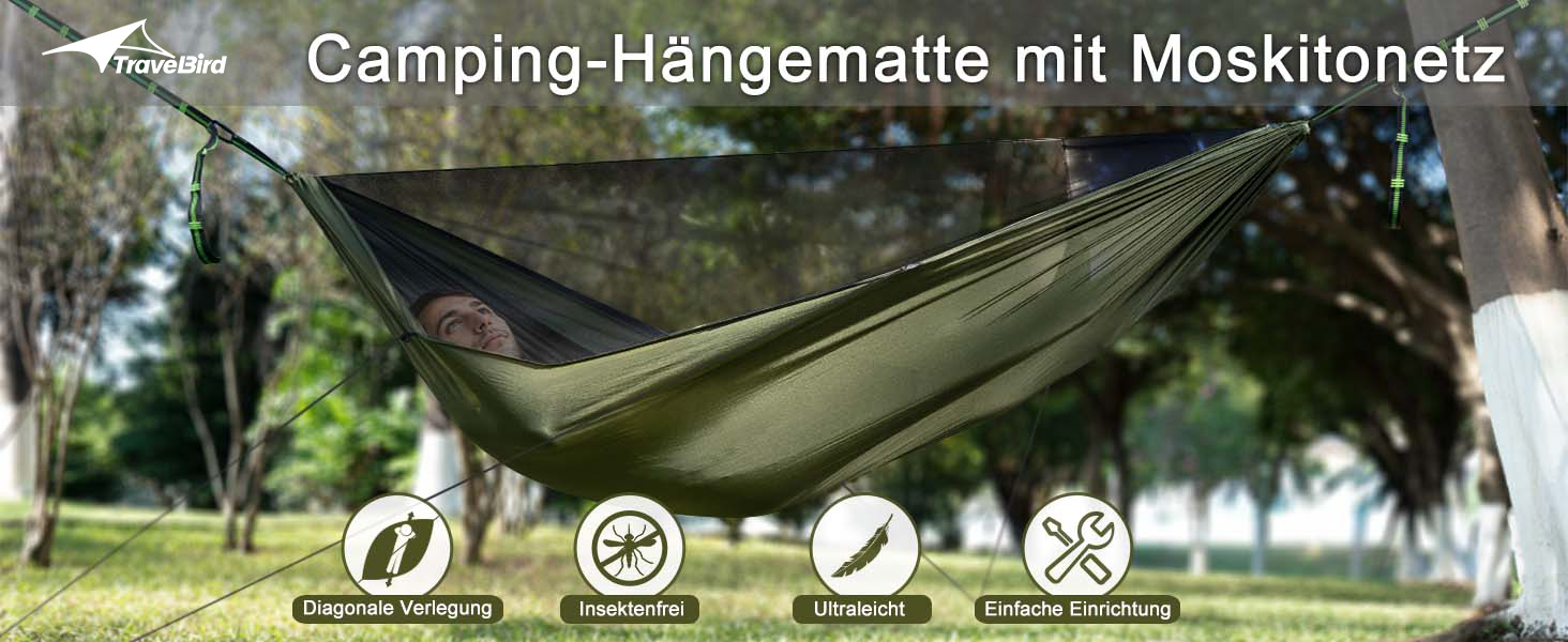 Гаммак для кемпінгу з москітною сіткою та стропом, великий на 2 особи, 290 x 140 см, легкий, для відпочинку на природі, походів, подорожей та рюкзаків, колір: оливковий
