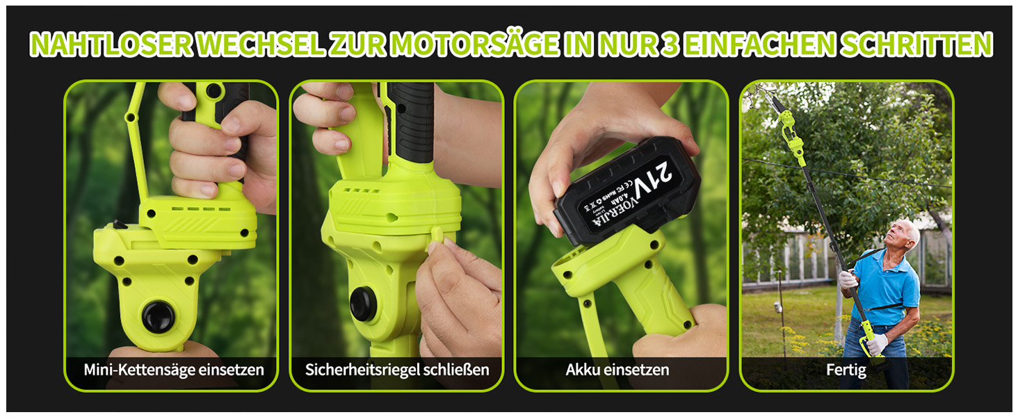 Акумуляторна висоторіз Kettensäge 2-в-1, 6/8 футів, телескопічна штанга, 2x4.0Ah акумулятор, автоматичне змащення, швидка заміна насадок, для обрізки дерев у саду