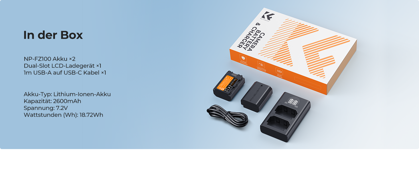 Акумулятори K&F Concept NP-FZ100 2600mAh (2 шт.) з зарядним пристроєм для Sony Alpha A7III, A7IV, A7R III, A7RIV, A7RV, A7C, A7S III, A9, A9II, A6600, A9R, FX3, FX30
