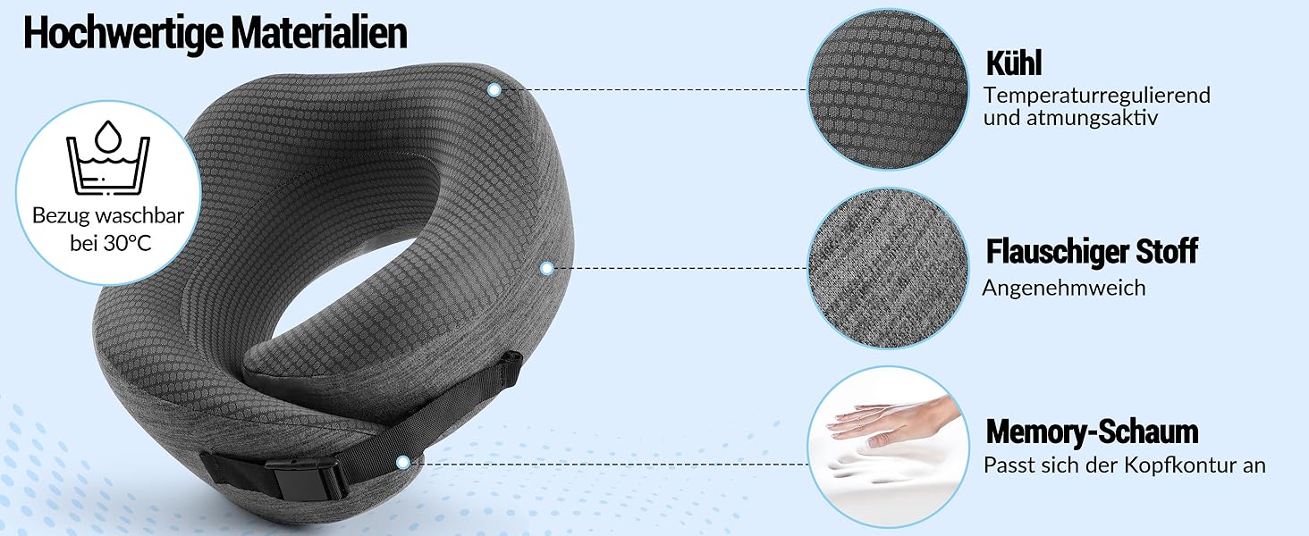 Подушка для шиї у літак, подорожі: Memory Foam, регульована, компактна, з чохлом, навушники, маска для сну (темно-сірий)