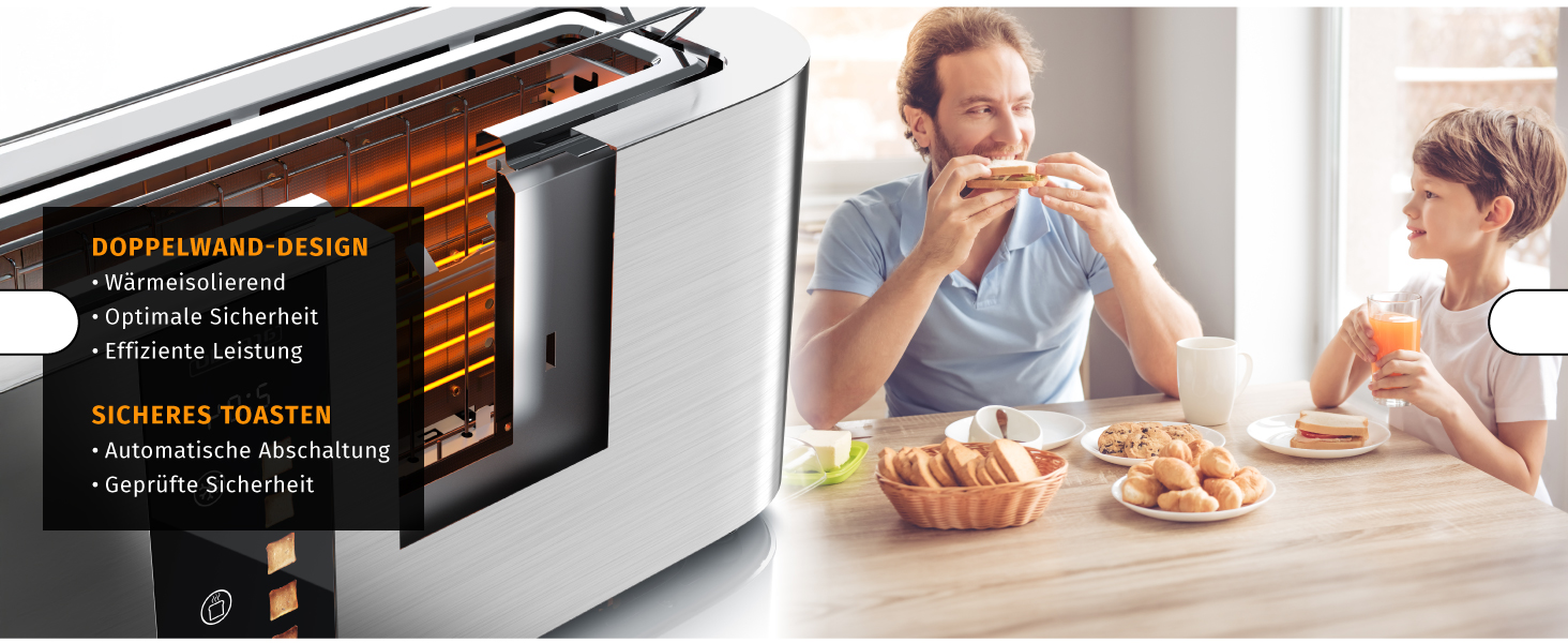 Тостер Arendo з нержавіючої сталі, 2 відділення, довгий проріз, сенсорний екран, подвійні стінки, насадка для бургерів, 6 рівнів підсмажування, центрування хліба, індикатор часу, функція пам'яті, чорний (C: Steelsilver)