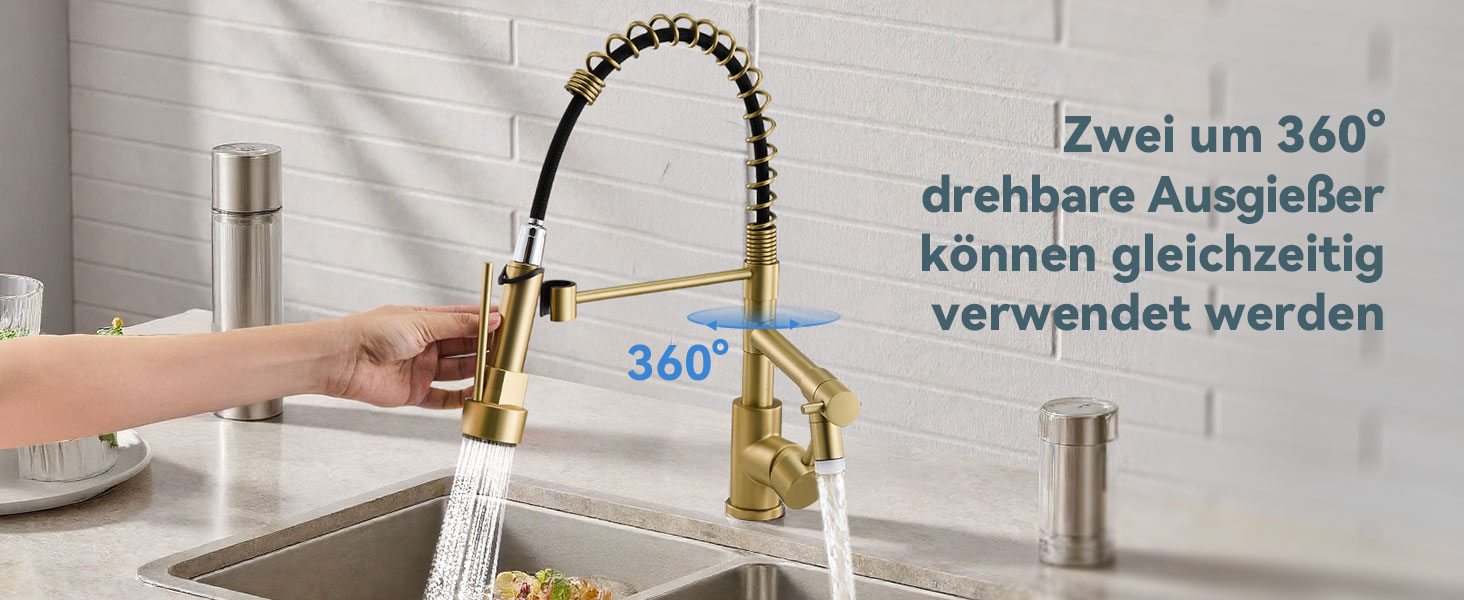 Кран кухонний LED Warmiehomy професійний, 360° поворотний, з двома виливами, високий вигин, спіральна пружина, для мийки, з нержавіючої сталі (золотий)