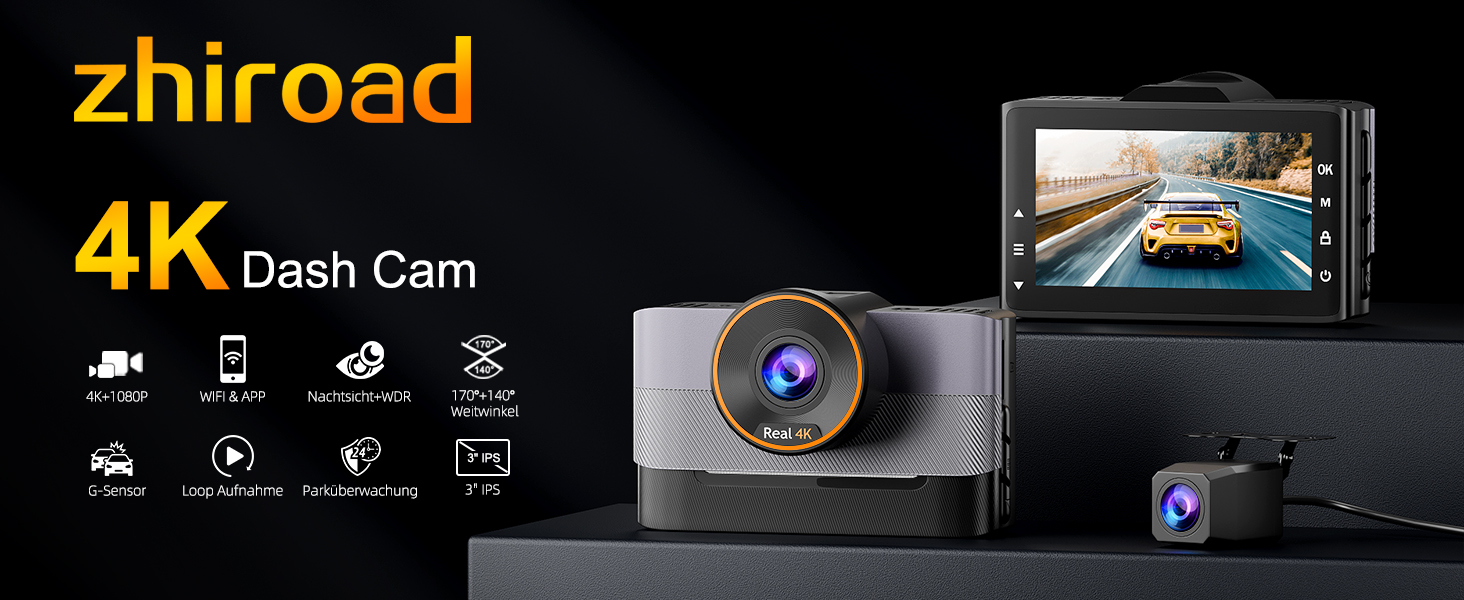 Відеореєстратор Auto Dashcam 4K+1080P з Wi-Fi, 64GB, IPS 3' екраном, Нічне бачення, G-сенсор, Loop-запис, 170°+140° Кут огляду, Паркінг 24/7, Керування через App, Підтримка до 256GB