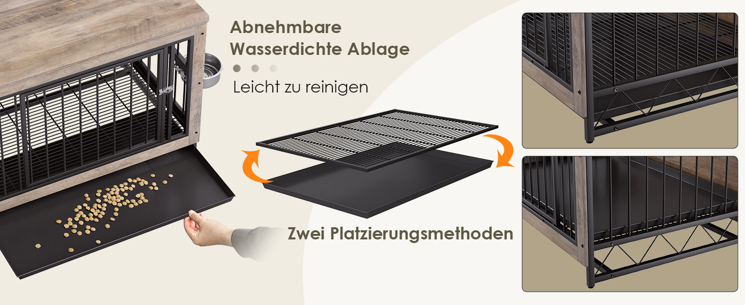 Дерев'яна собача будка/переноска для дому, 93x64x58 см, з піддоном та мисками, для собак середніх та маленьких порід (до 40 кг), білий/сірий колір