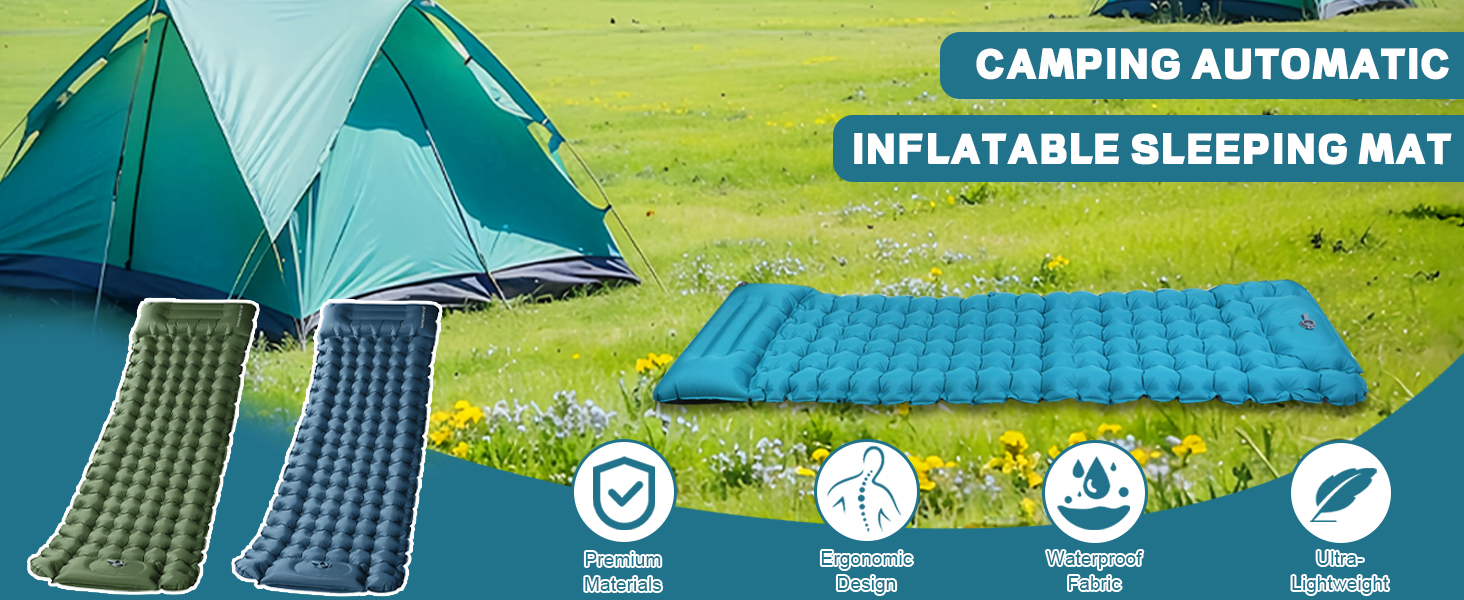 Кемпінговий килимок Flintronic самонадувний з насосом-пресом, 10 см товщини, водонепроникний, з подушкою, для відпочинку на природі, намету, армійного кольору