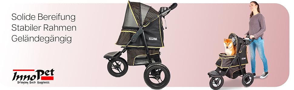 Buggy Innopet Adventure для собак та котів - чорний/жовтий, для бездоріжжя, вантажопідйомність 30 кг, EVA-колеса 30 см, складаний, великий відсік для зберігання