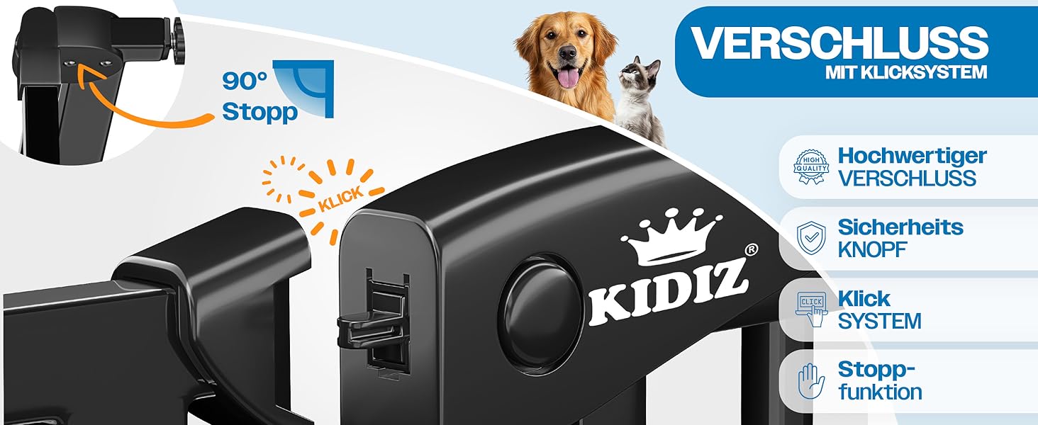 Захист для сходів KIDIZ без свердління | Ширина: 74-80 см, висота 75 см | Захист від падіння для дітей та собак | Одноручний відкривання, система Open-Stop 90°, сірий