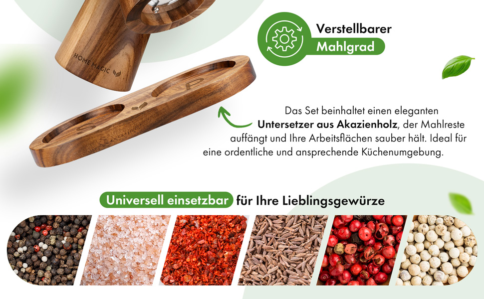 Набір з 2 мельниць для солі та перцю Pfeffermühle Holz з акації з підставкою | Преміум якість, керамічний механізм