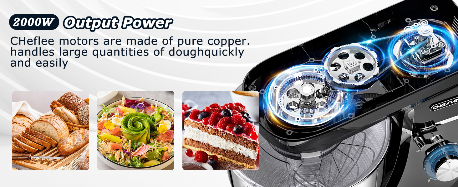 Кухонна машина Cheflee 2000W: потужна планетарна міксер для тіста та збивання, 6 швидкостей, чаша 2.2 л, нержавіюча сталь, гак та вінчик, сплітцшпрутч (захист від бризок), чорний