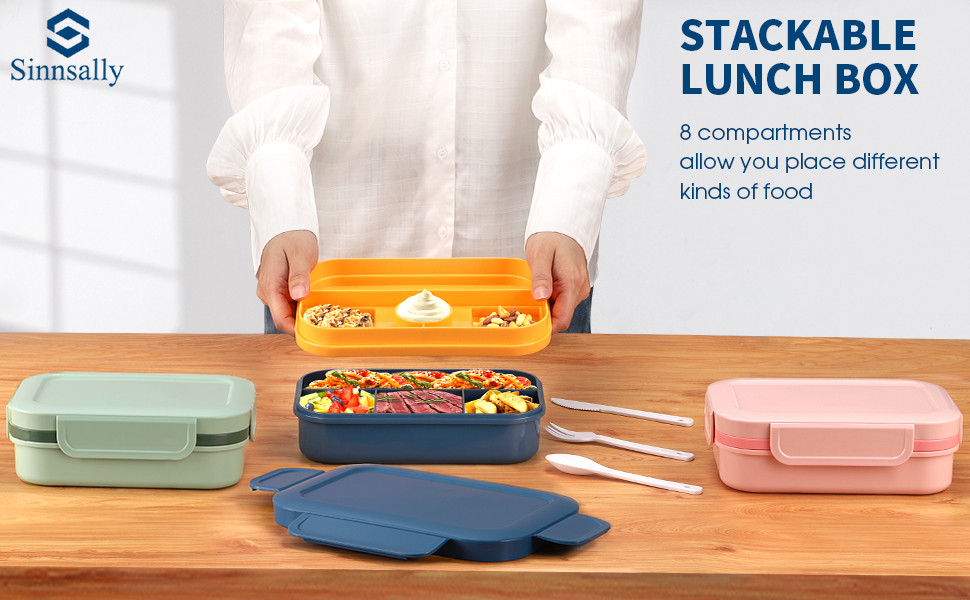 Ланчбокс для дорослих Sinnsally, 2000 мл, з відділеннями, Bento Box, з посудом, зелений