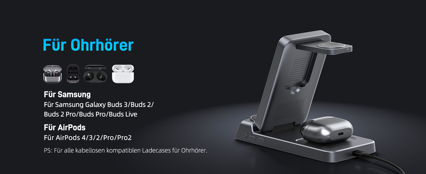 Бездротова зарядка для Samsung з годинником: станція для Galaxy S25 Ultra/S24/Z Fold 6/Flip 7/Bud, Watch, Galaxy Watch 8/7/6/5Pro, 3 в 1, сірий