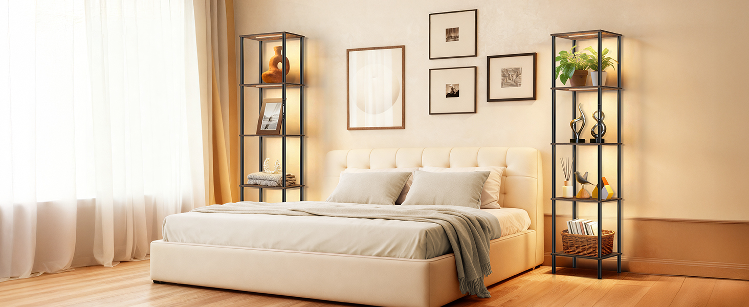 Стійка лампа з полицею, LED, регулювання яскравості, 3 колірні температури, сенсорне та дистанційне керування, полиця для книг, дерев'яна стійка, сучасний дизайн для вітальні, спальні, офісу (Rustic Brown)