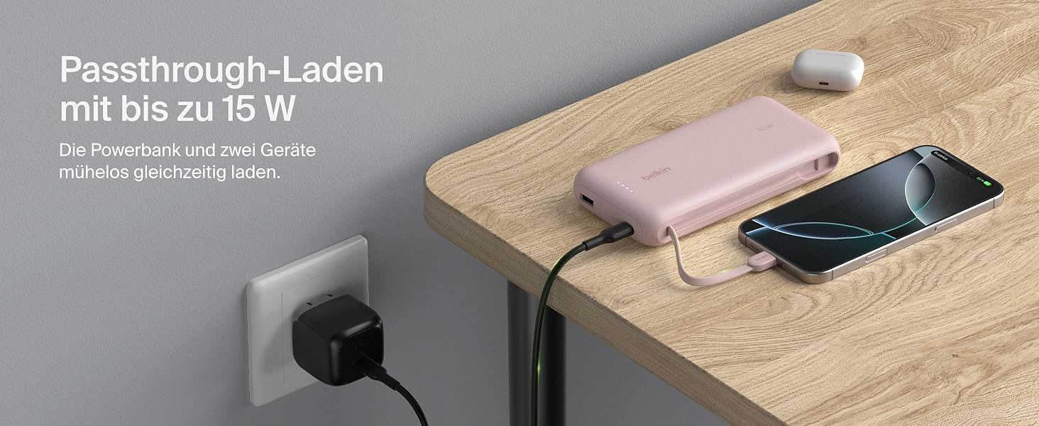 Повербанк Belkin Portable Powerbank 20000 mAh з вбудованим кабелем USB-C, швидка зарядка PD 30W для iPhone 16, iPad Pro, Samsung Galaxy S25, рожевий
