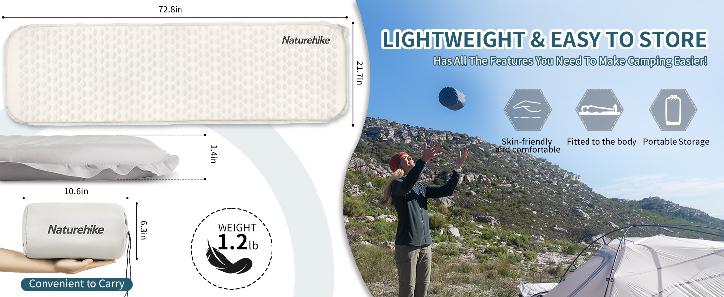 Naturehike Yugu: самонадувний килимок для кемпінгу та трекінгу (3,5 см) сірий