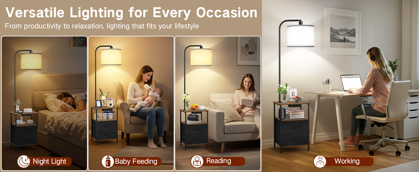 Стельова лампа для вітальні з тумбою та полицею, регульована LED, з пультом, 3 колірні температури, приліжкова тумба з зарядкою та полицею, дерев'яний столик для спальні/офісу (чорний з шухлядами)
