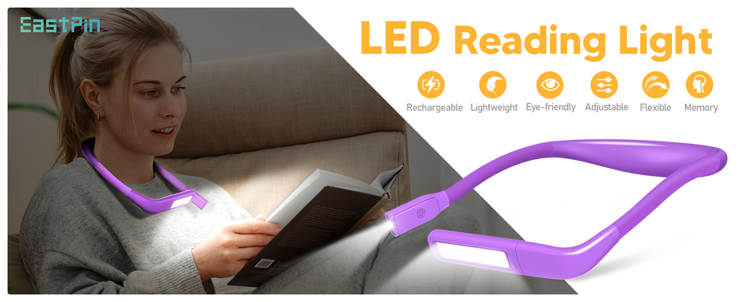 LED лампа на шию для читання Buch - 3 кольори, фіолетова. Лампа для читання в ліжку, в'язання, рукоділля. Подарунок для чоловіків.