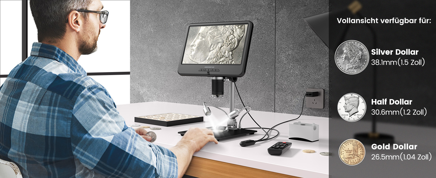 Мікроскоп цифровий Andonstar AD210 10.1 дюймів для дорослих, паяльний мікроскоп для ремонту електроніки, мікроскоп-камера для монет з повноекранним переглядом та підсвічуванням