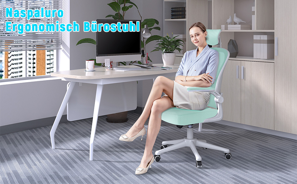 Офісний стілець Naspiro з регульованими підлокітниками, ергономічний, з сітчастою спинкою, підтримкою попереку, регульованою висотою, м'яким сидінням, поворотний на 360°, (зелений, з підголовником)