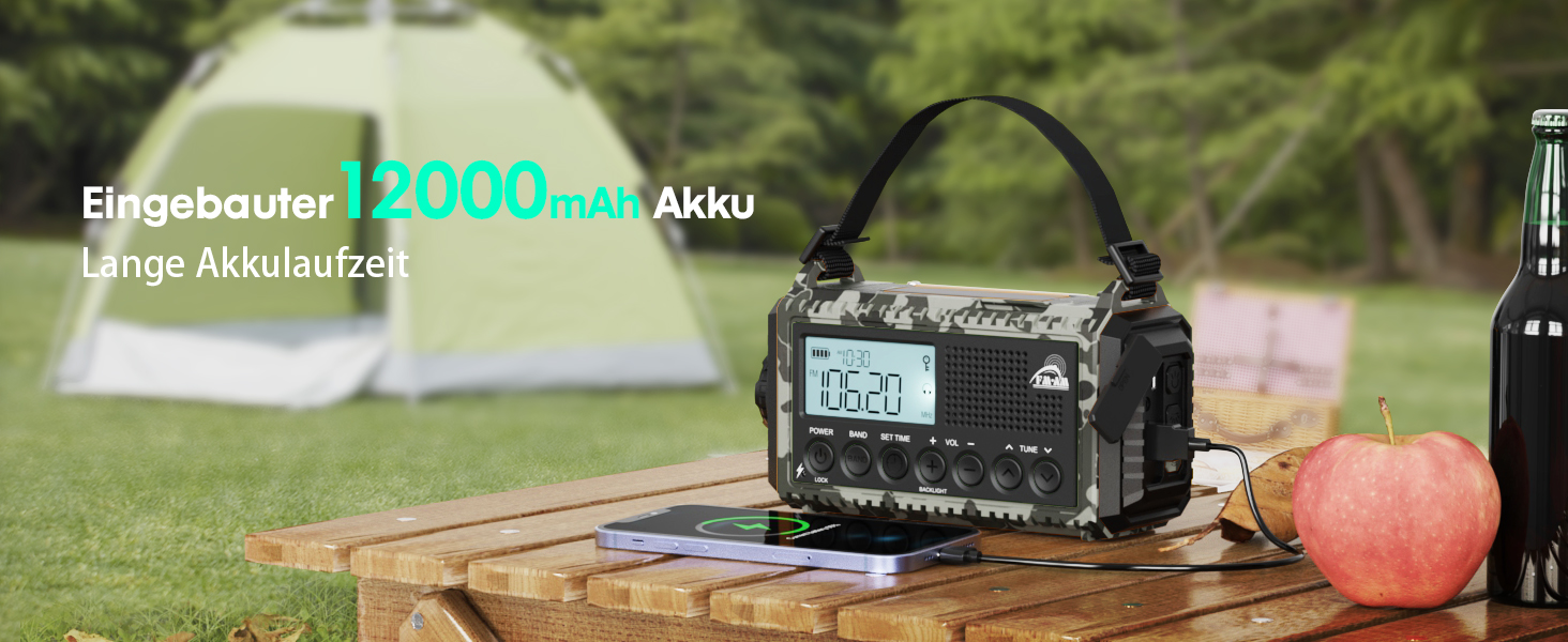 Радіо Kurbelradio на сонячній батареї та з ручкою, 12000mAh, AM/FM/SW, USB-зарядка, SOS-сигнал, для кемпінгу та надзвичайних ситуацій, зелений (сірий камуфляж)