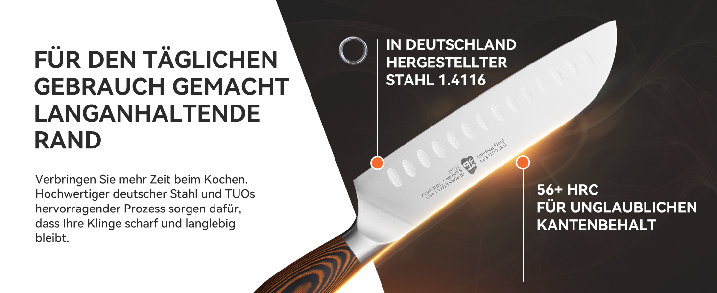 TUO Santoku ніж: професійний японський ніж з нержавіючої сталі, 18 см, ергономічна ручка з паккавуду, серія Fiery Phoenix