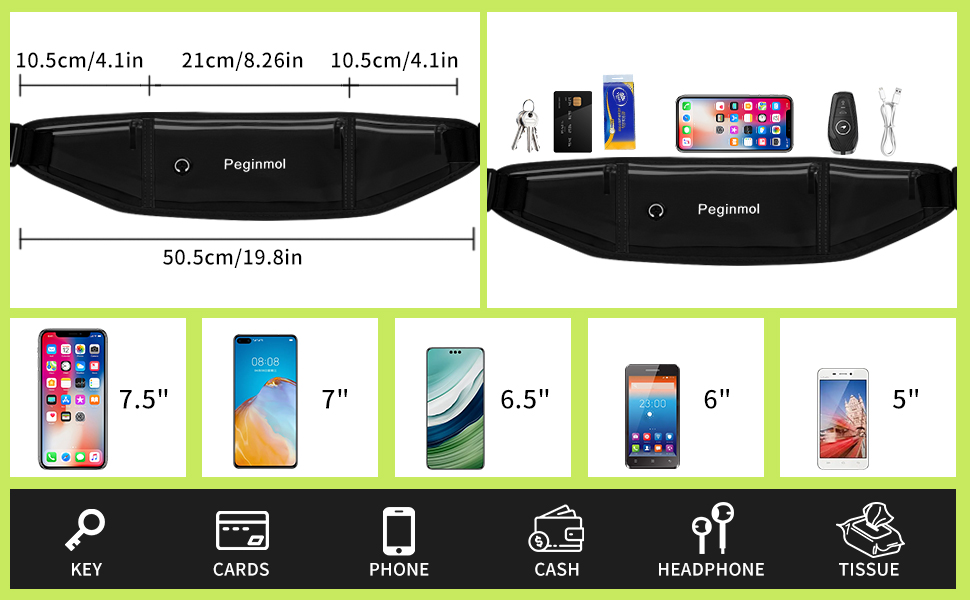 Пояс для телефону, бігова сумка, водонепроникний пояс для бігу, пояс на пояс для жінок та чоловіків з 3 кишенями, велика ємність, регульований біговий пояс (Чорний + Зелений)