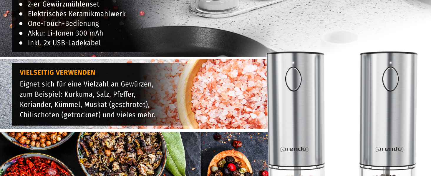 Електричні млини для спецій Arendo – набір з солі та перцю, нержавіюча сталь, керамічний механізм, LED-підсвічування, акумулятор, щітка та воронка
