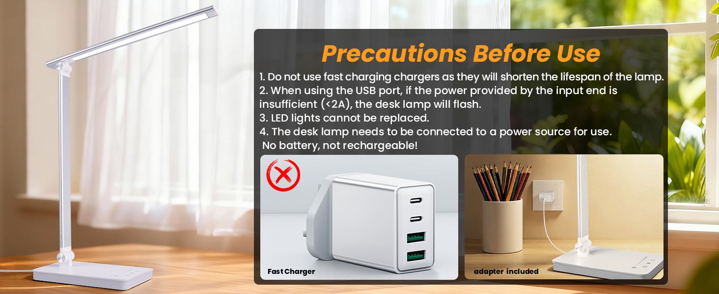 LED лампа для столу Akynite з регулюванням яскравості, USB, 2A адаптер, 5 кольорів, 10 рівнів яскравості, таймер, сенсорне управління, для дітей, білий