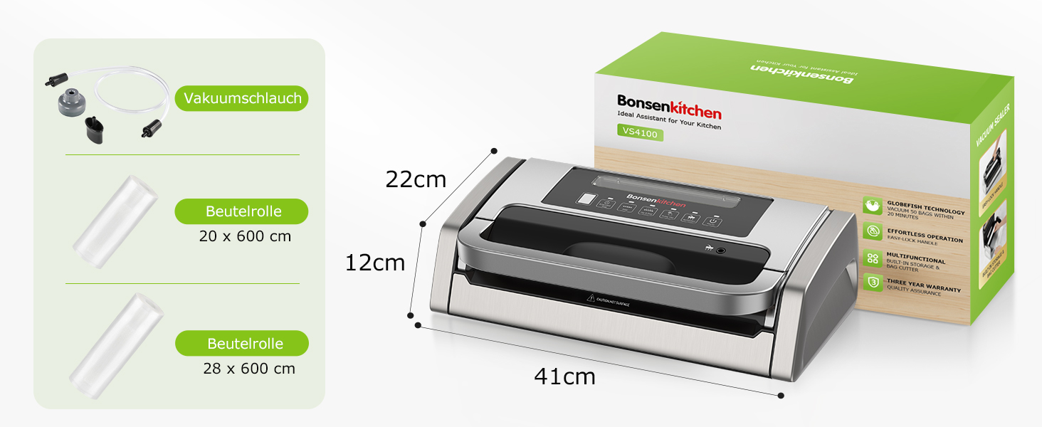 Вакуумний пакувальник Bonsenkitchen 15 л/хв - високопродуктивний, сертифікований, з інтегрованим ножем та 2 рулонами
