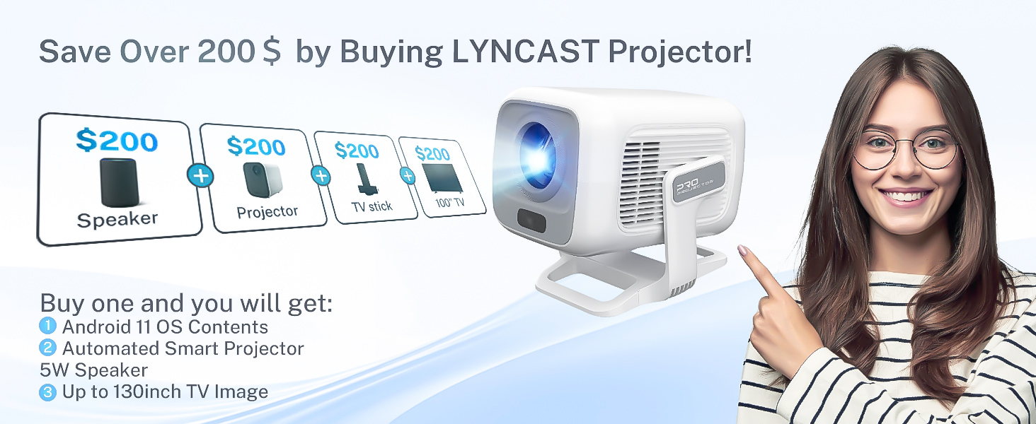 Портативний проєктор LYNCAST з Wi-Fi, Bluetooth та Android 11: 1080P/4K, обертання 180°, для дому та на вулиці (LumeCube 300 White)