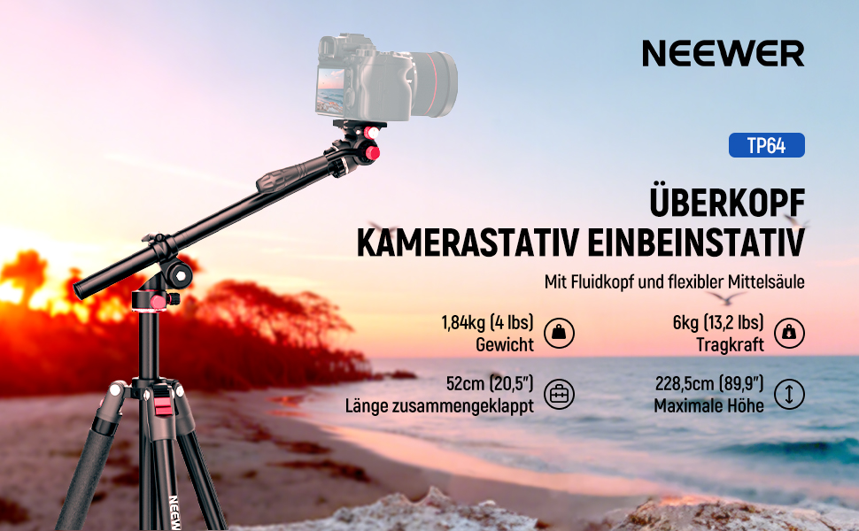 Штатив для камери NEEWER з моноподом, 72 дюйми, алюміній, міцна конструкція для DSLR, екшн-камер, відеокамер, кульковий голковий вушко 360°, платформа Arca-Swiss, максимальне навантаження 15 кг, серветка для очищення