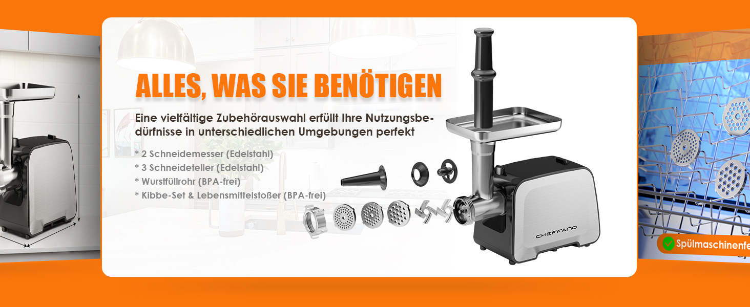 М'ясорубка електрична 2800 Вт нержавіюча сталь з насадками для ковбас та кубебе, для дому Mg090c