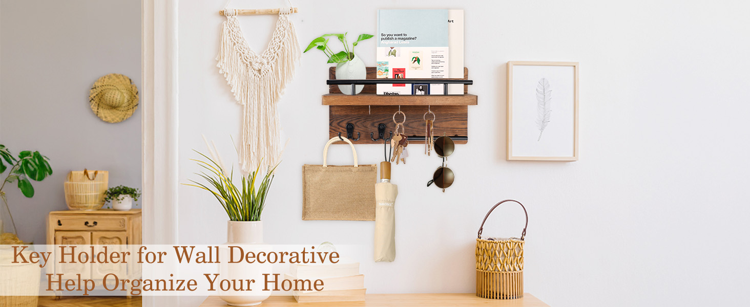 Настінна вішалка для ключів на 5 гачків, дерев'яна дошка для ключів з полицею, настінний органайзер для ключів, рустикальна вішалка для ключів, органайзер для ключів, декор для дому (колір: коричневий)