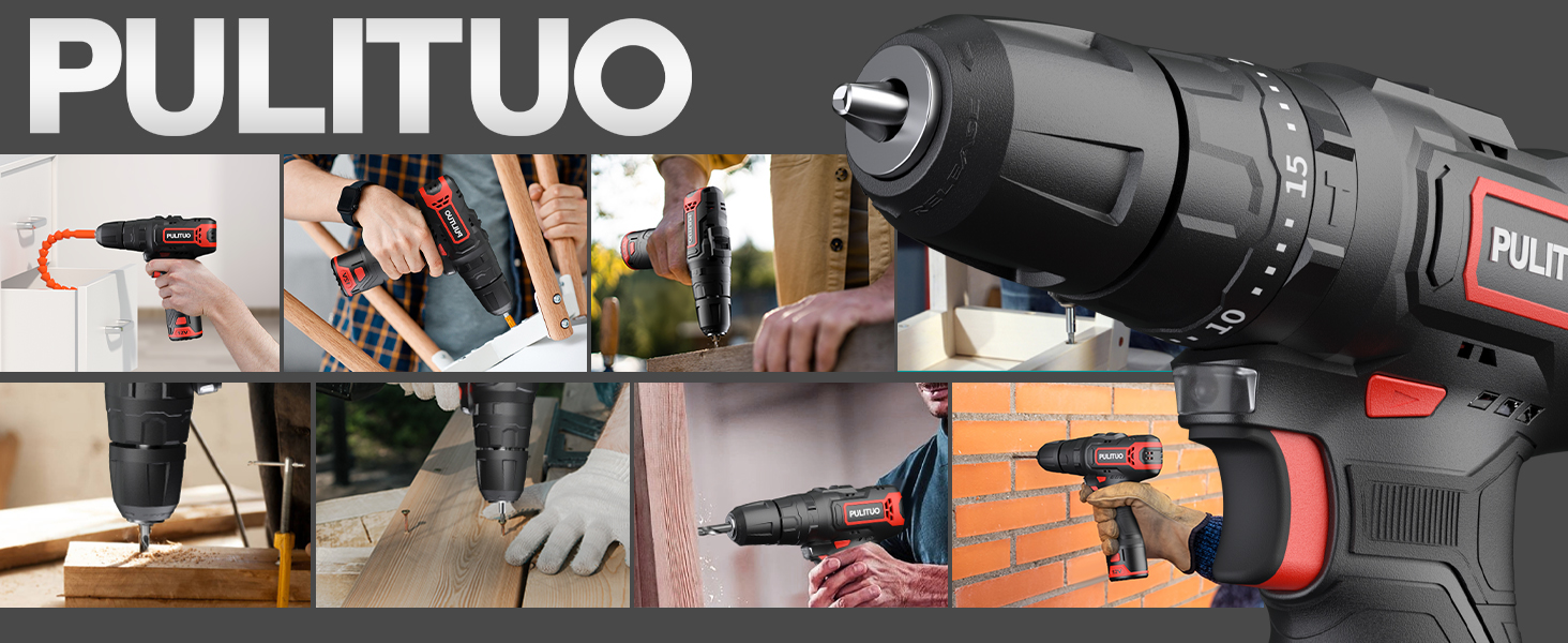 Акумуляторний ударний дриль-шуруповерт PULITUO 12V, комплект, металевий патрон 3/8', 21+1+1 ступенів моменту, LED-ліхтар, 35 Нм, 1300 mAh, бездротовий дриль