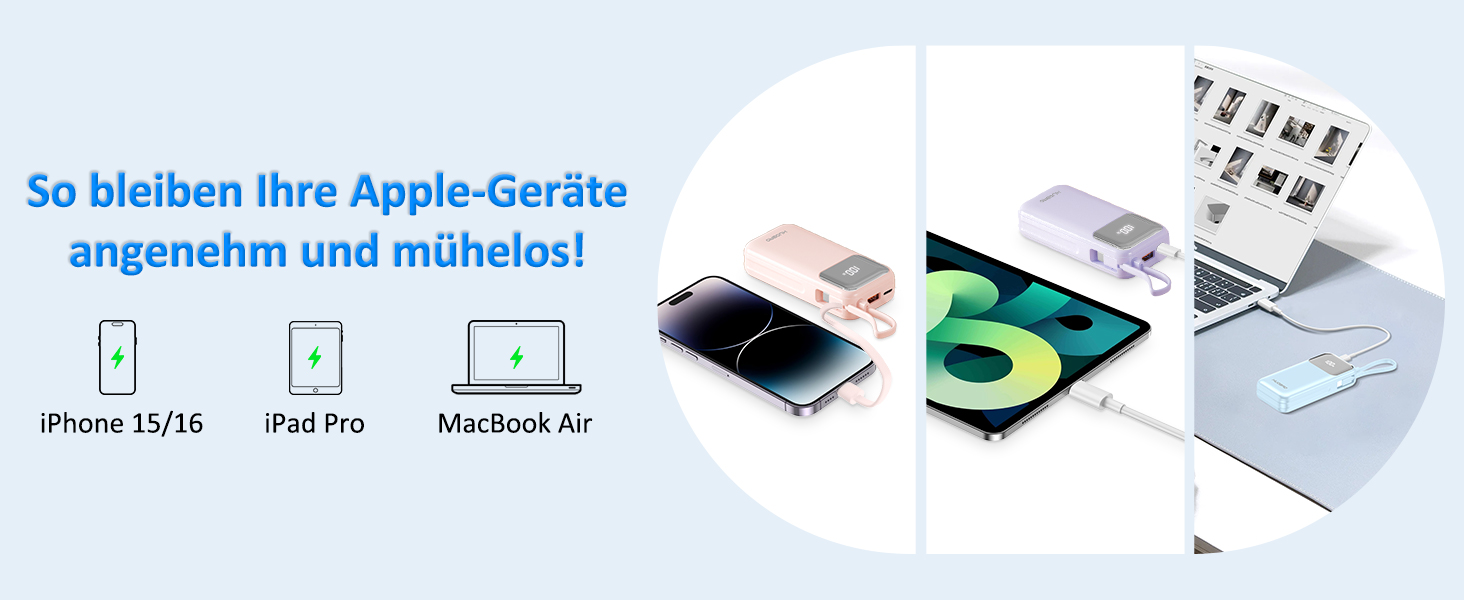 Power Bank 10000mAh з USB-C кабелем, PD 35W, LCD дисплей, для iPhone, Samsung, iPad та інших пристроїв (Блакитний)