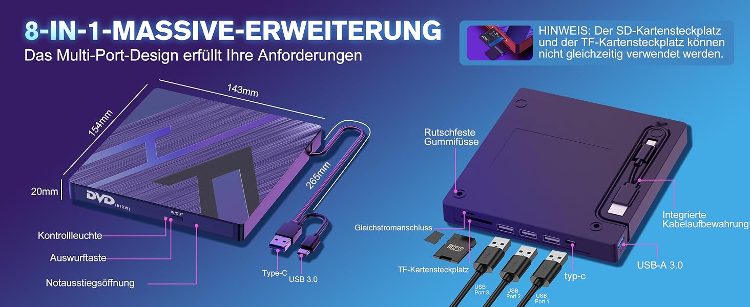 Зовнішній CD/DVD привід varkda USB 3.0 та USB-C, портативний оптичний накопичувач та записувач для ноутбука, ПК, Mac, Windows, Linux (8 в 1, чорний)