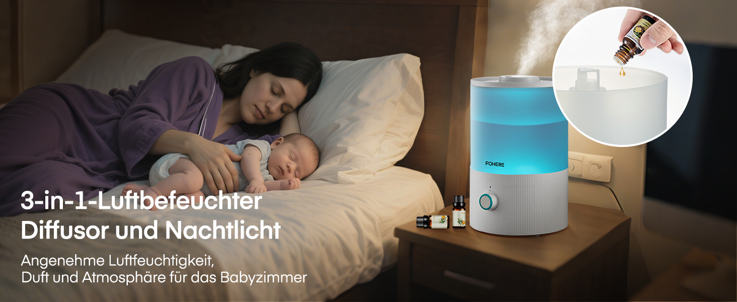 Зволожувач повітря FOHERE для спальні, 3.2л, тихий, для дітей, з верхнім заповненням, 28 годин роботи, 360° охолоджуючий туман, BPA-free, аромадифузор, нічне світло 7 кольорів для рослин, дому, офісу