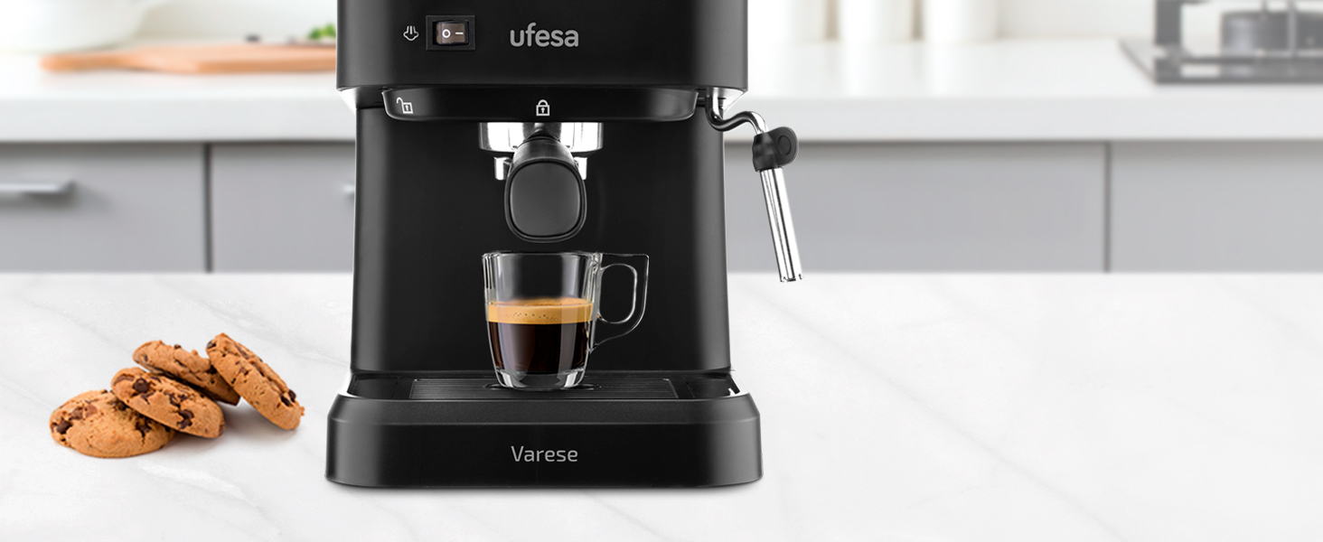 Ufesa Sienna Espresso Machine and Cappuccino Semi-Automatic Machine with Milk Frother, 20 Bar Pressure, Digital Touch Panel, 1360W, for Coffee Grounds or ESE Pads, 0.9L Water Tank, Silver (1050W | BLACK)