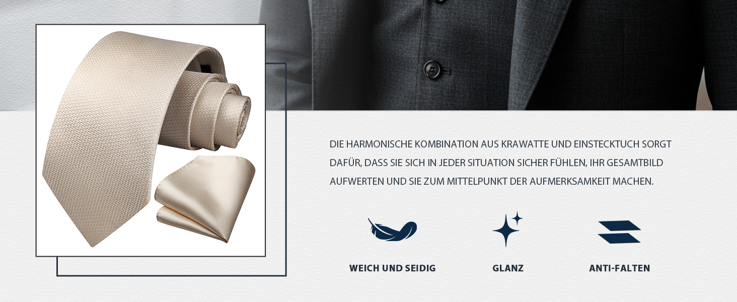 HISDERN Комплект краватки та нагрудного хустинки в клітинку для чоловіків, формальний стиль, класичний, для весілля, бежевий