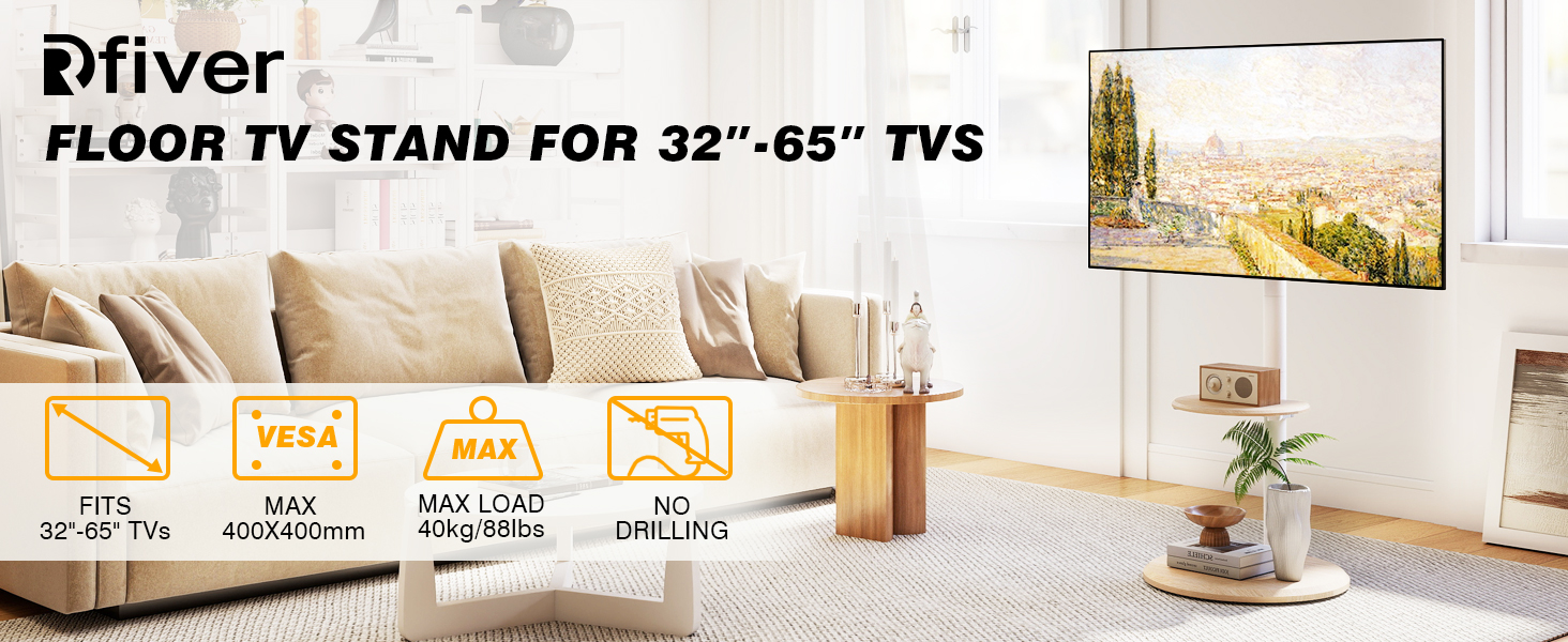 Підставка для телевізора RFIVER мобільна з роликами, біла, 32-65 дюймів, з поличкою, регульована висота та нахил, до 40 кг, VESA 400x400 мм