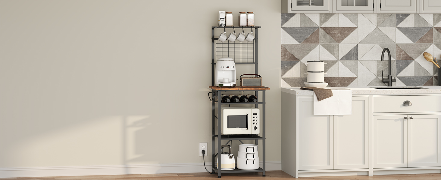 Стельова полиця з розетками, підлогова полиця, полиця пекаря, 35 x 48 x 135 см, 4 гачки S-подібної форми, станція для кавової бару з тримачем для пляшок та гачками, вінтажний коричневий та чорний колір ABRHR23UE01