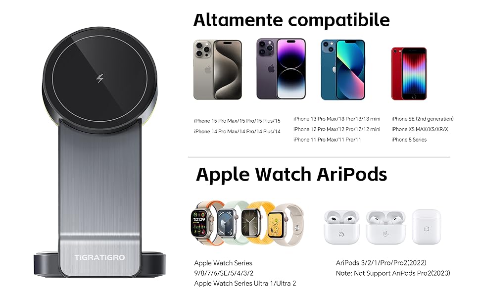 Бездротовий зарядний пристрій TigraTigro 15W Qi, складаний, швидка зарядка для iPhone 16/15/14/13/12, Samsung Galaxy, Google Pixel, тримач для навушників, компактний (Срібний/Чорний)