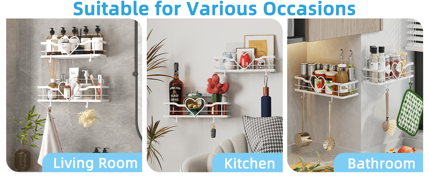 Двосекційна поличка для душу без свердління з 4 гачками, органайзер для шампуню та мила, поличка для ванної кімнати (11.5 см, білий)