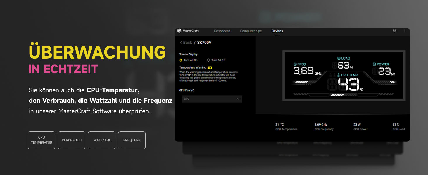 Система охолодження CPU Sudokoo SK700V AM5: Кулер для ПК з дисплеєм, 120мм вентилятор, 7 heatpipes, сумісний з AM5, безперешкодний доступ до RAM, 5 років гарантії, чорний